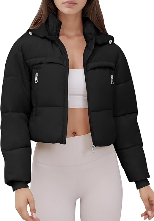 Women's Cropped Puffer Jacket Hooded Warm Padded Winter Outerwear Coat with Pockets