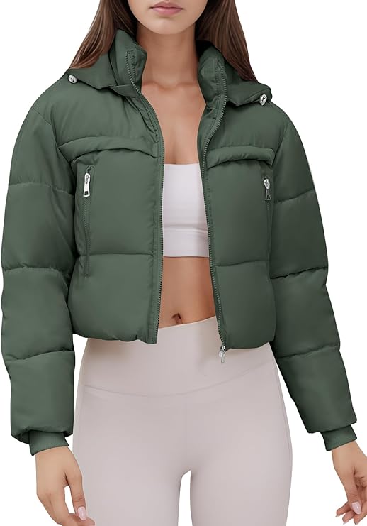 Women's Cropped Puffer Jacket Hooded Warm Padded Winter Outerwear Coat with Pockets